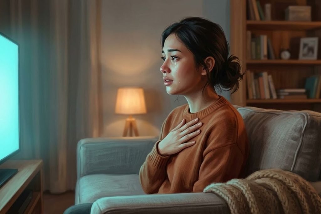 Seorang wanita menangis haru saat menonton televisi, mengilustrasikan bagaimana konflik emosional dalam film drama terasa begitu dekat dengan kehidupan penonton.