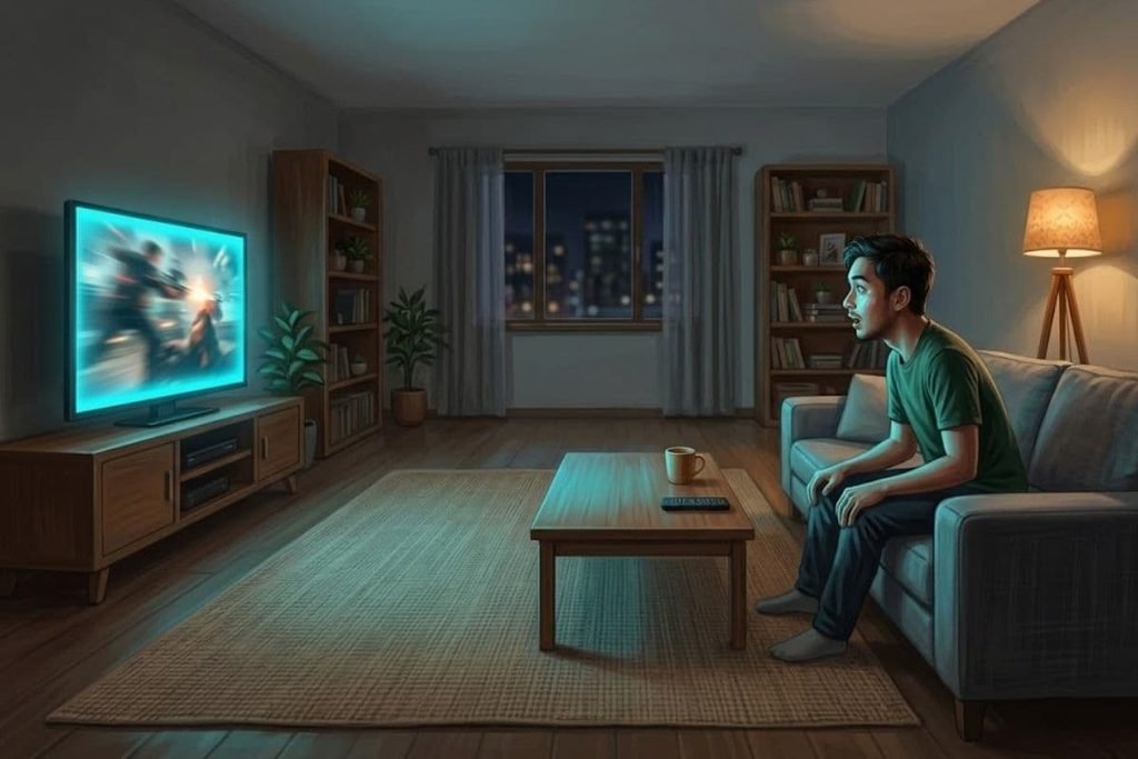 Seorang pria dengan ekspresi takjub menonton adegan laga cepat di televisi, mengilustrasikan ketegangan visual yang membuat film action Indonesia diakui dunia.
