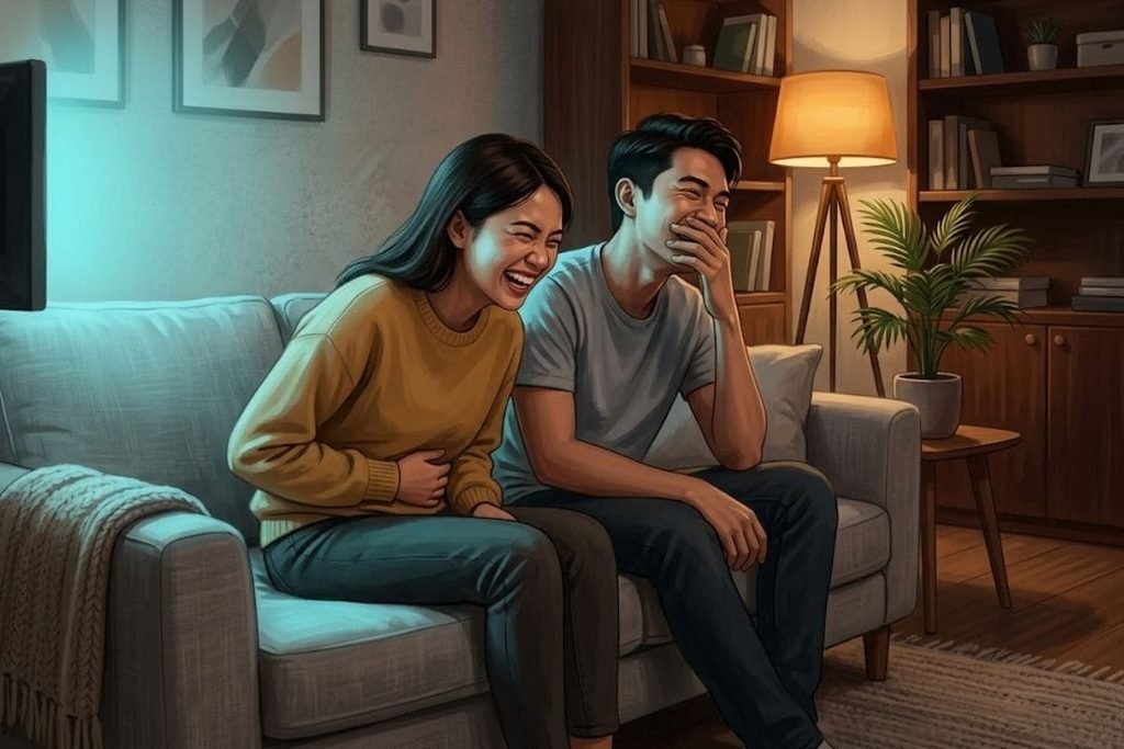 Pria dan wanita tertawa terbahak-bahak di sofa saat menonton televisi, mengilustrasikan bagaimana humor keseharian membuat film komedi Indonesia terasa lebih kena.