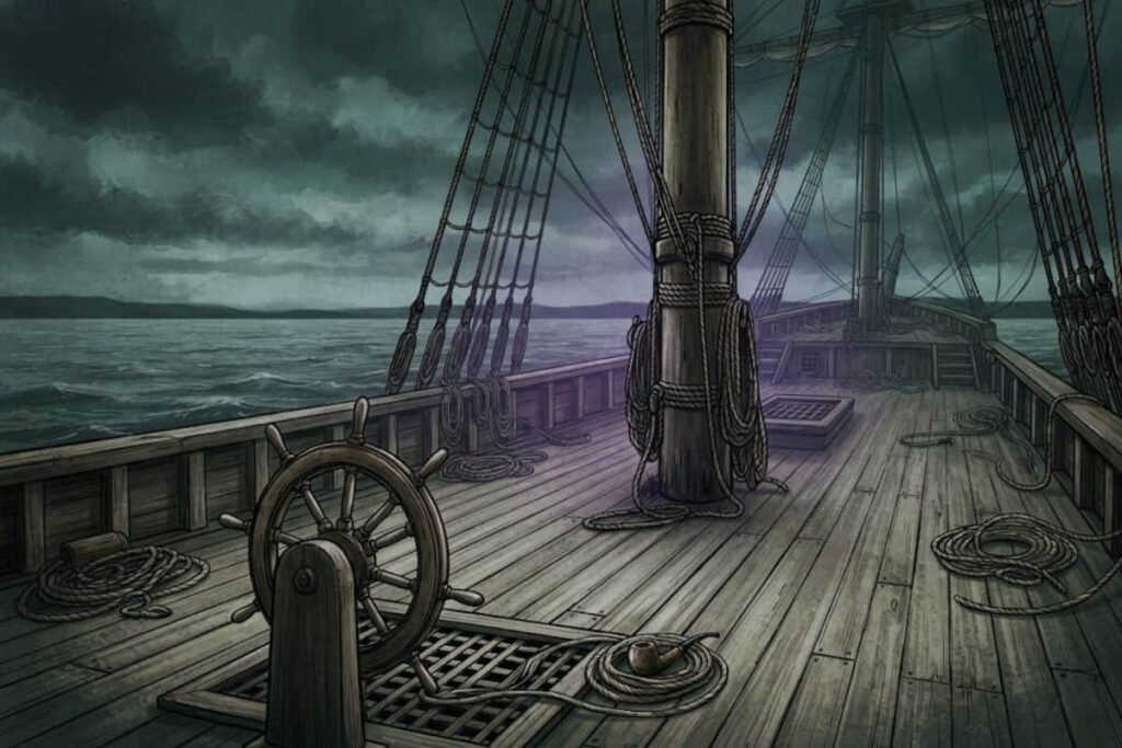 Suasana dek kapal Mary Celeste yang kosong tanpa awak saat ditemukan