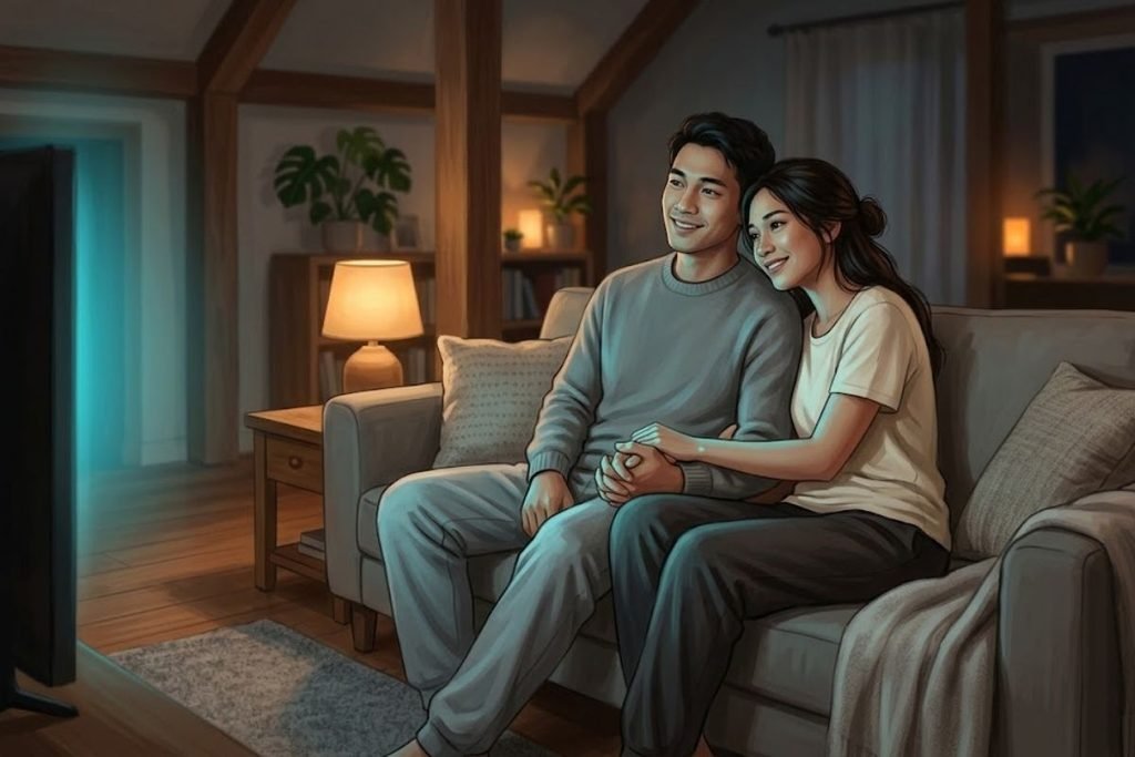 Pasangan tersenyum sambil berpegangan tangan di sofa saat menonton televisi, mengilustrasikan bagaimana cerita film romantis Indonesia terasa dekat dengan keseharian.