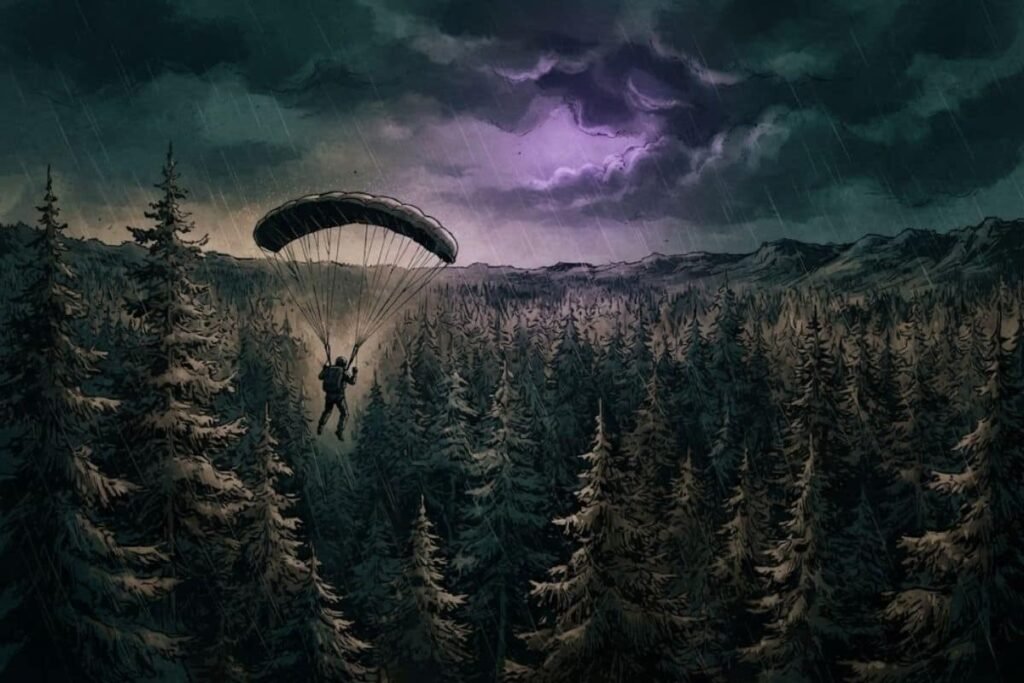 Ilustrasi D.B. Cooper terjun dengan menggunakan parasut di atas hutan gelap Pacific Northwest