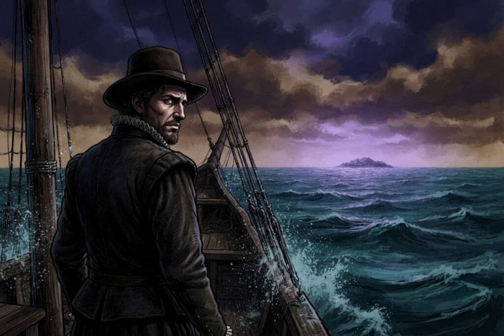 John White berlayar meninggalkan koloni Roanoke di tengah laut bergolak