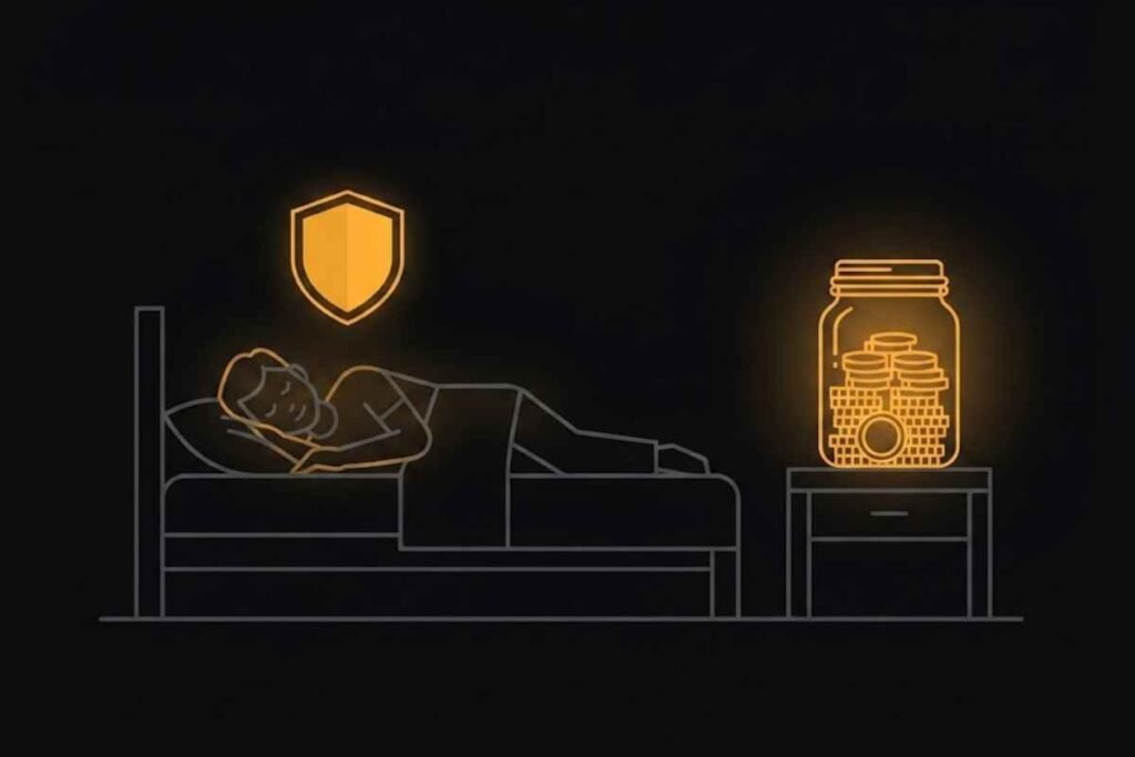 Ilustrasi kesimpulan manfaat dana darurat memberikan ketenangan finansial dan tidur nyenyak