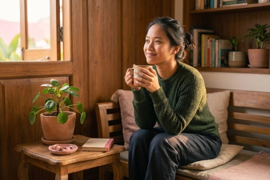 Wanita tersenyum tenang menikmati cangkir minuman, menggambarkan kondisi pulih dan bebas dari burnout kerja