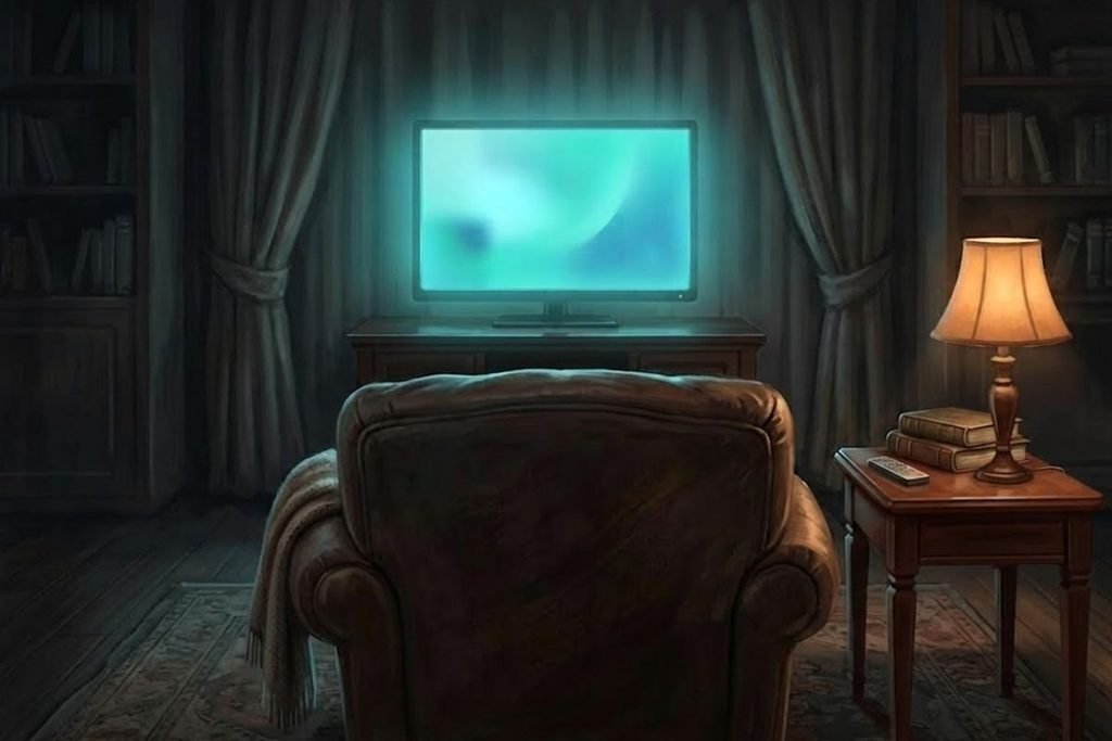 Kursi kosong menghadap layar televisi yang menyala di ruangan temaram, mengilustrasikan kesimpulan dari daftar 15 rekomendasi film horor Indonesia terbaik.