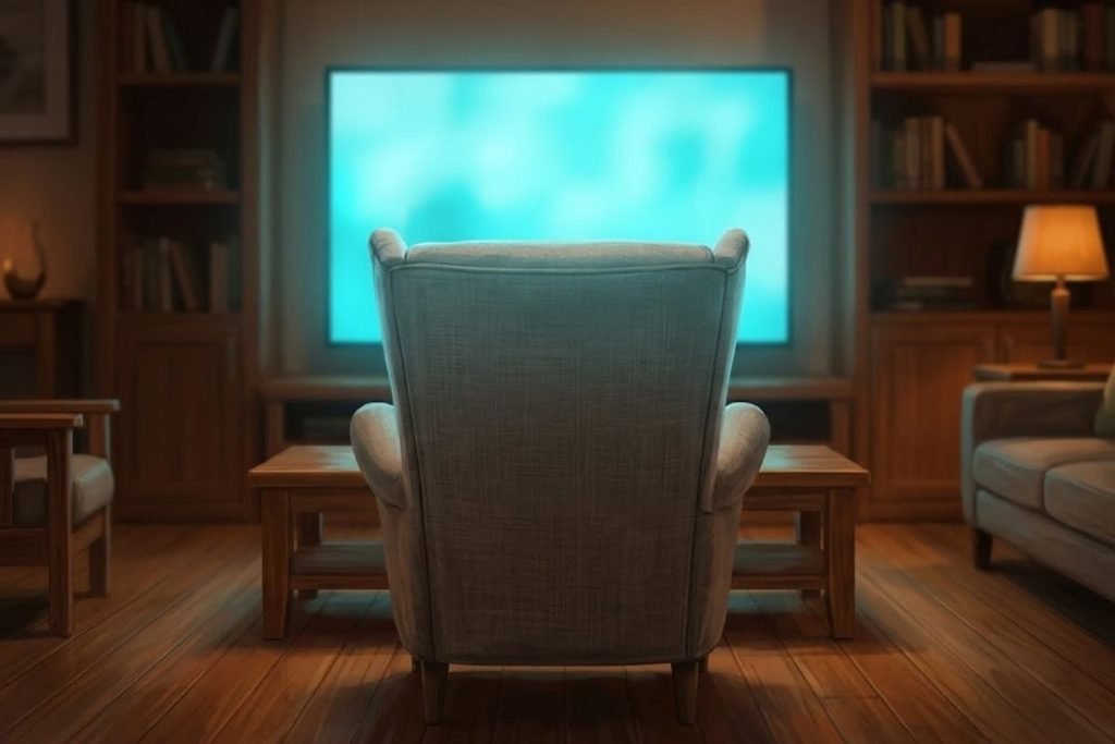 Kursi sofa yang nyaman menghadap layar televisi di ruang keluarga bernuansa hangat, mengilustrasikan kesimpulan dari daftar 15 film drama Indonesia terbaik yang menyentuh hati.