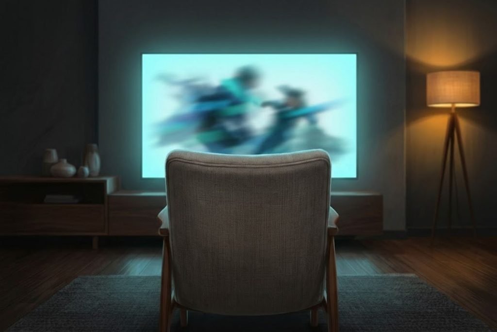 Kursi santai menghadap layar televisi yang menampilkan adegan pertarungan cepat, mengilustrasikan kesimpulan dari daftar 15 film action Indonesia terbaik.