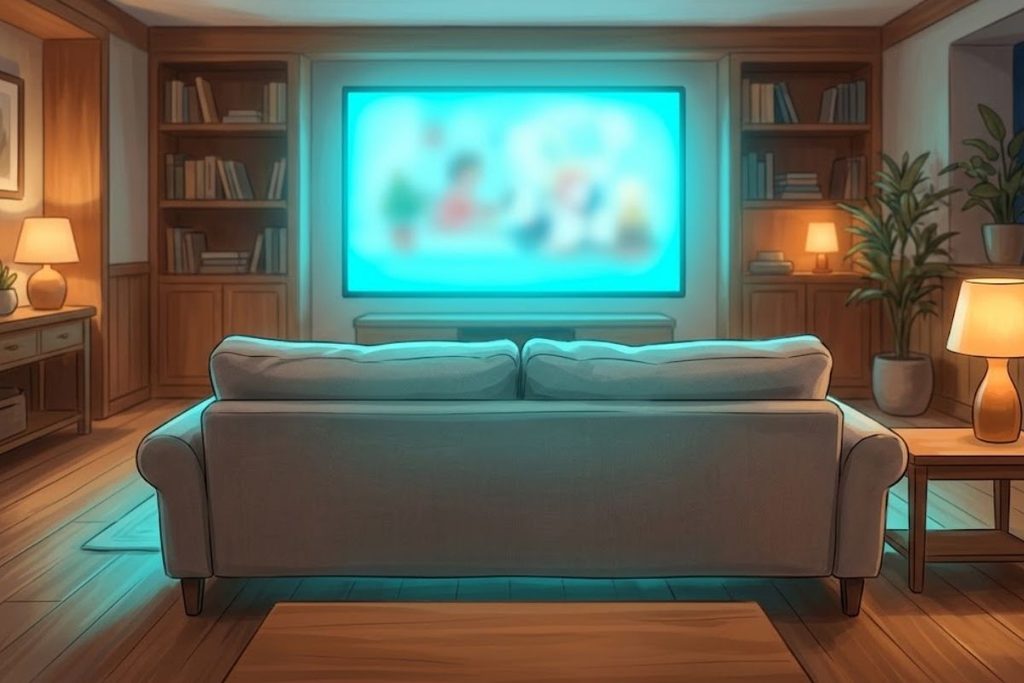 Sofa yang nyaman menghadap layar televisi di ruang keluarga bernuansa hangat, mengilustrasikan kesimpulan dari daftar 15 film komedi Indonesia terbaik yang menghibur.