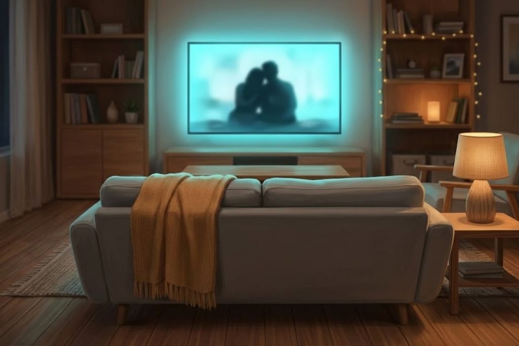 Sofa nyaman dengan selimut hangat menghadap layar televisi yang menampilkan adegan romantis, mengilustrasikan kesimpulan dari daftar 15 film romantis Indonesia terbaik.