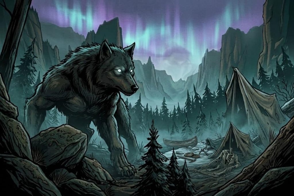 Ilustrasi monster serigala raksasa Waheela di perkemahan Lembah Nahanni untuk teori mitos misteri Kanada.