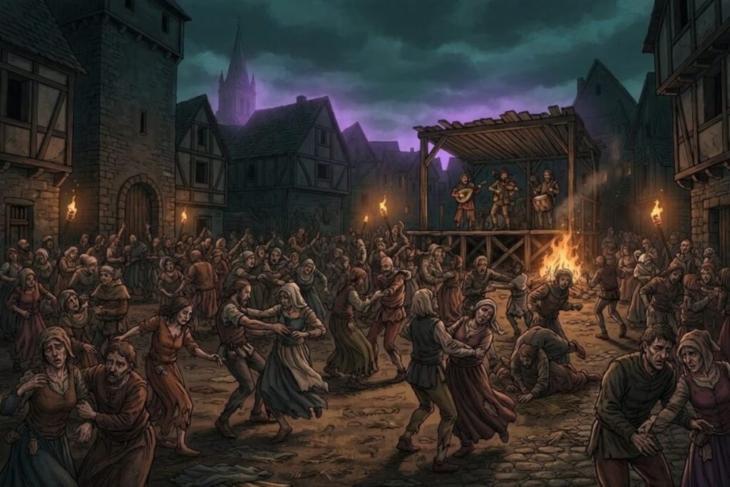 Ilustrasi adegan kerumunan orang berdansa di alun-alun kota dengan panggung musik darurat dalam sejarah Dancing Plague.