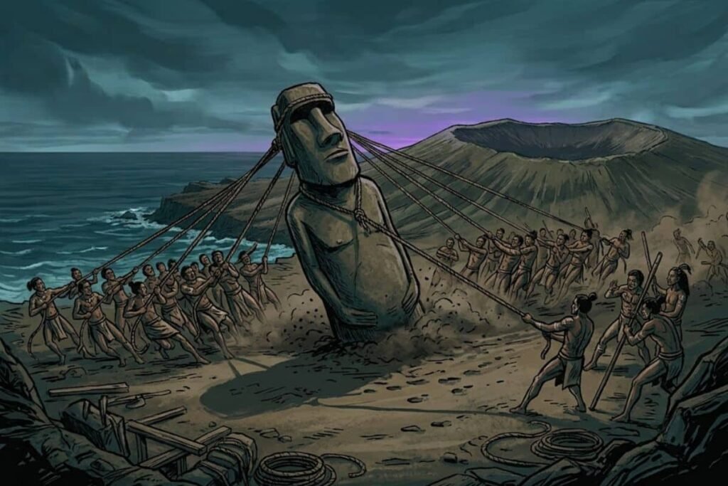 Masyarakat Rapa Nui memindahkan patung Moai raksasa dengan tali