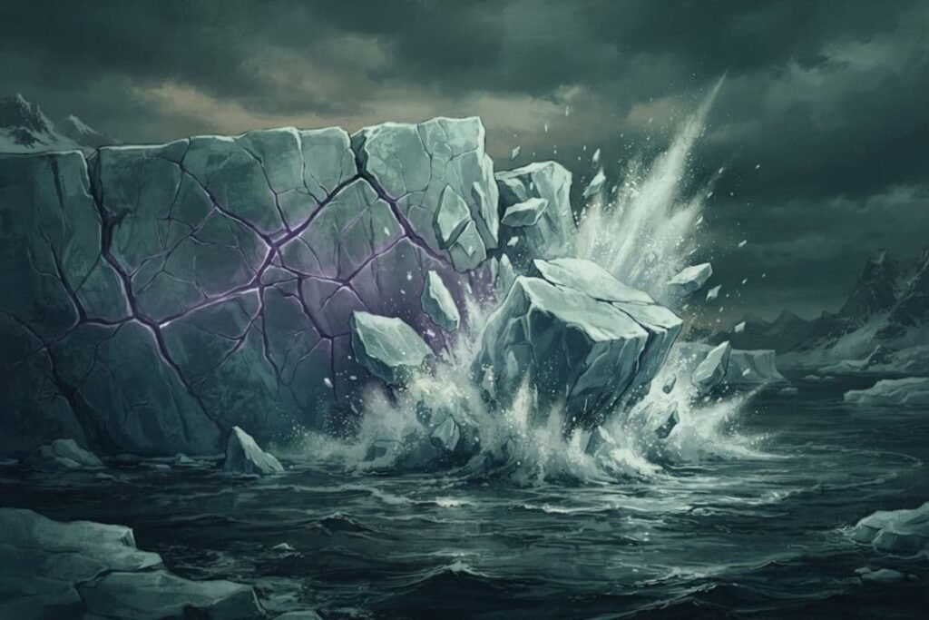 Bongkahan gunung es besar yang retak dan jatuh ke lautan sebagai ilustrasi fenomena gempa es atau icequake di Antartika, fakta ilmiah di balik The Bloop.