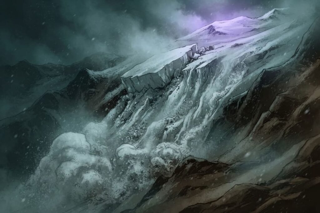 Ilustrasi longsoran lempeng salju meluncur di lereng gunung curam, teori slab avalanche Dyatlov Pass