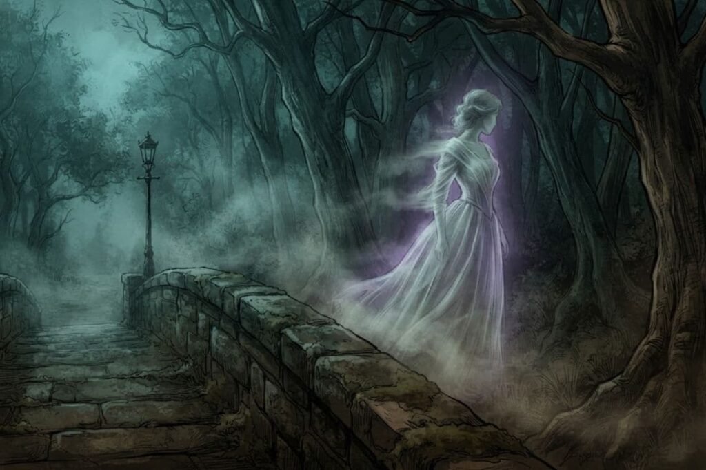 Ilustrasi sosok misterius di Jembatan Overtoun yang dikaitkan dengan legenda lokal
