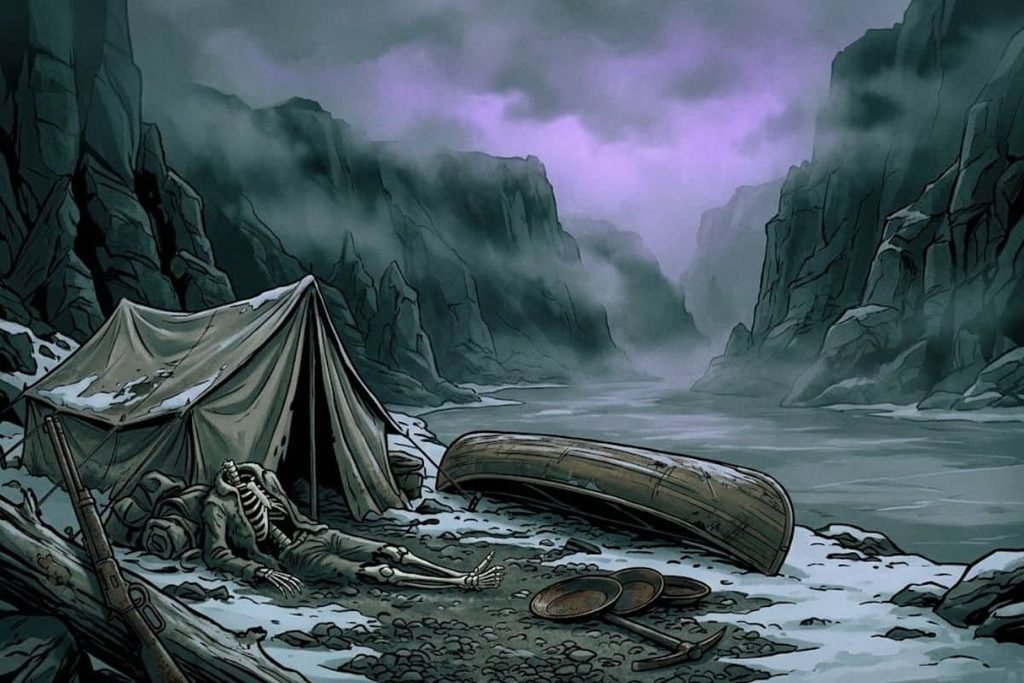 Ilustrasi penemuan kerangka tanpa kepala di perkemahan McLeod bersaudara pada kasus misteri Lembah Nahanni.