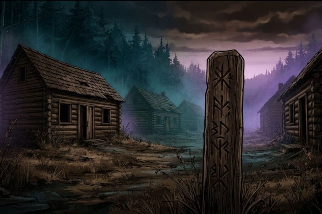 Ilustrasi pemukiman kosong Koloni Roanoke yang ditinggalkan