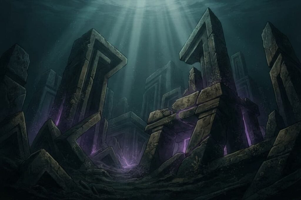 Struktur raksasa misterius di dasar laut gelap yang menggambarkan lokasi R’lyeh, kota bawah laut tempat monster kosmik raksasa bernama Cthulhu tertidur