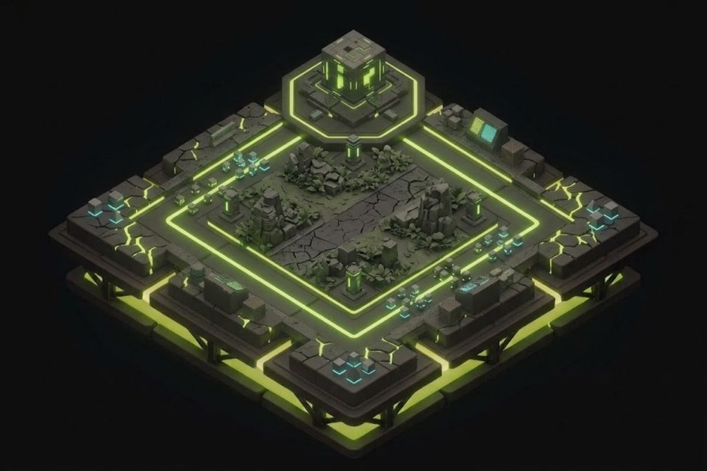 Ilustrasi peta arena pertempuran dengan jalur bercahaya dan markas utama, melambangkan strategi dan kerja sama tim dalam genre game MOBA.