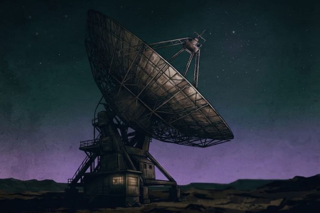 Tampilan detail piringan antena teleskop radio raksasa yang mengarah ke langit malam ungu.