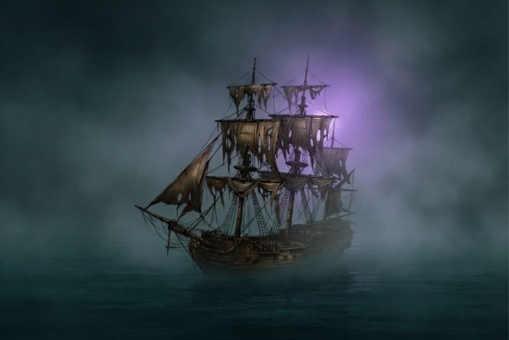 Ilustrasi kapal hantu Mary Celeste terapung kosong di lautan berkabut