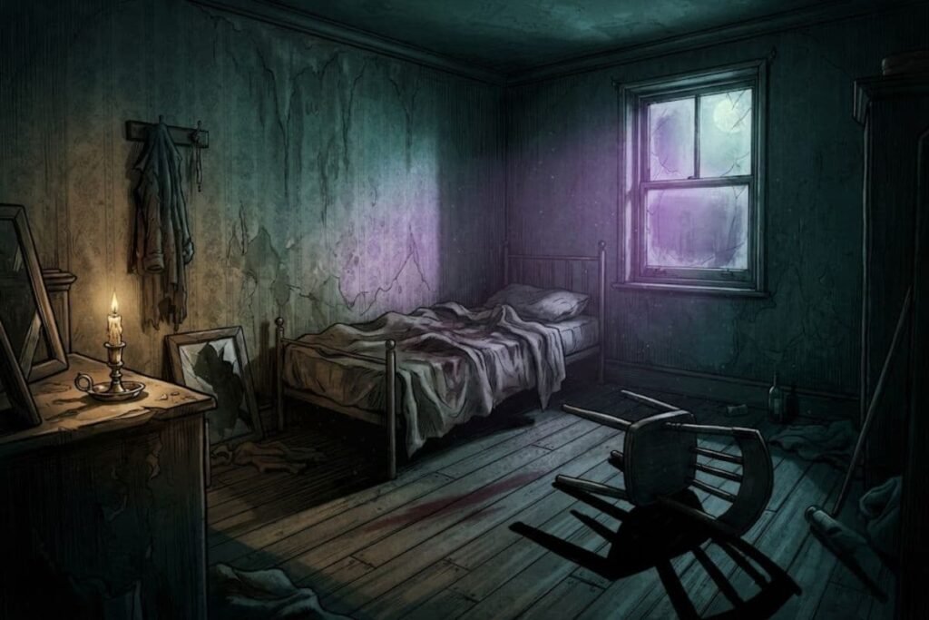 Ilustrasi kamar sempit remang di Miller's Court Whitechapel, suasana mencekam pembunuhan Mary Jane Kelly