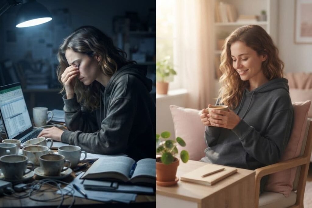 Kolase dua foto yang menampilkan keseimbangan antara intensitas kerja dan waktu istirahat yang diperlukan agar terhindar dari burnout.
