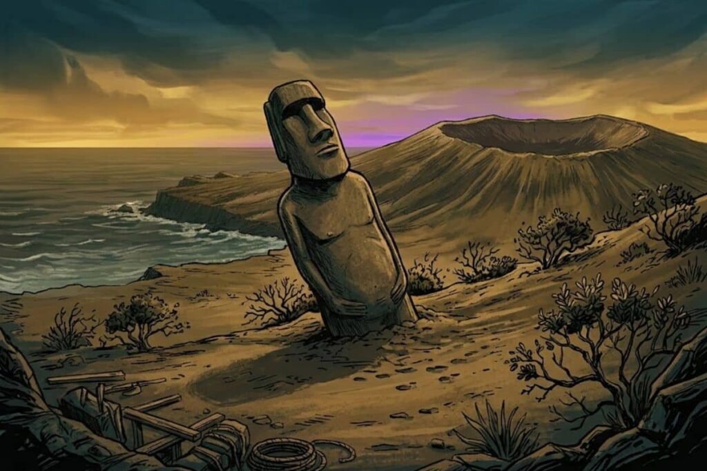 Patung Moai Pulau Paskah berlatar pemandangan bukit dan laut saat senja