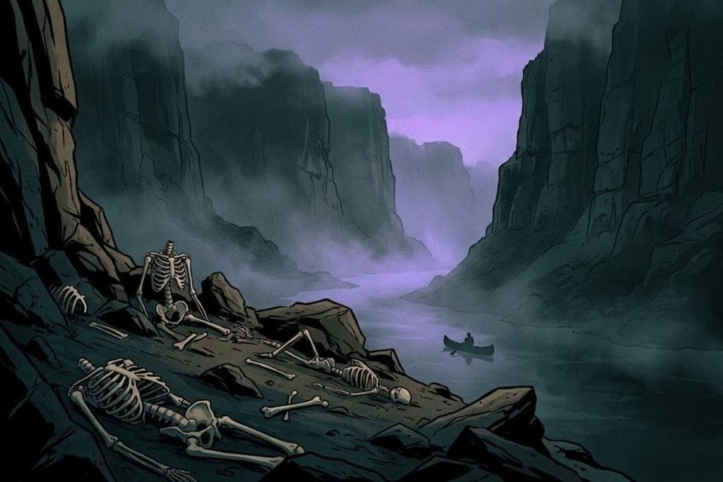 Ilustrasi pendayung kano menyusuri sungai Lembah Nahanni yang berkabut dengan kerangka tulang di tepi lereng.