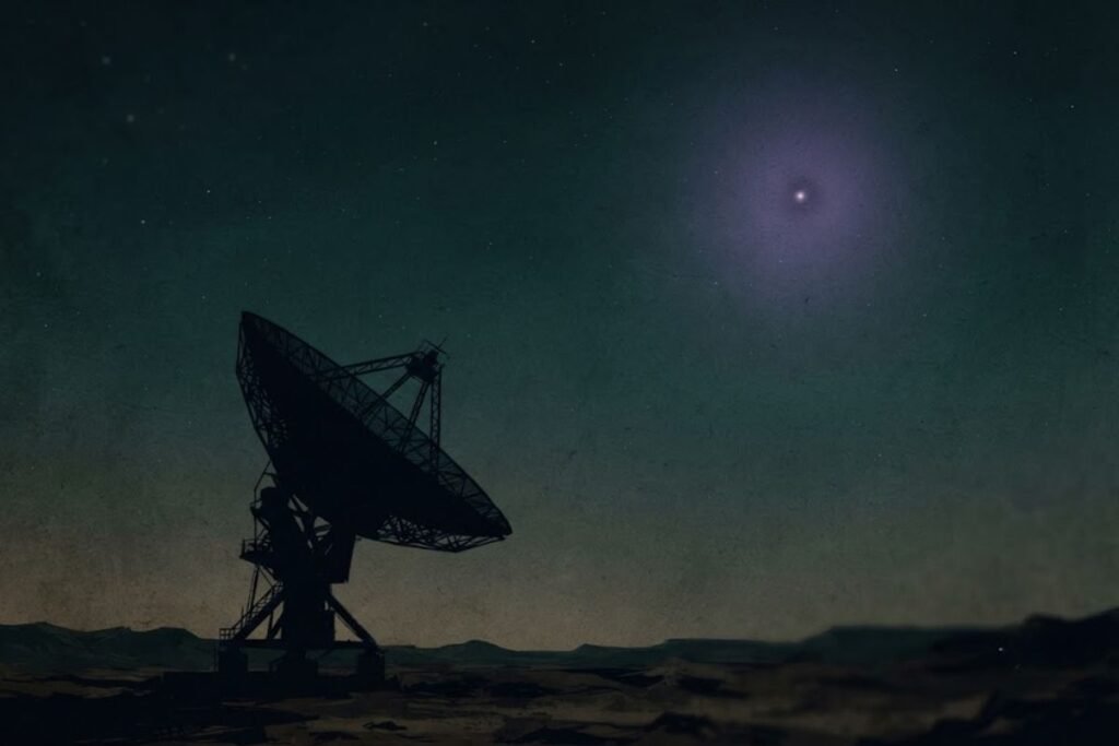 Siluet dramatis teleskop radio di bawah langit malam misterius dengan sumber cahaya ungu, melambangkan harapan jawaban yang tak kunjung datang