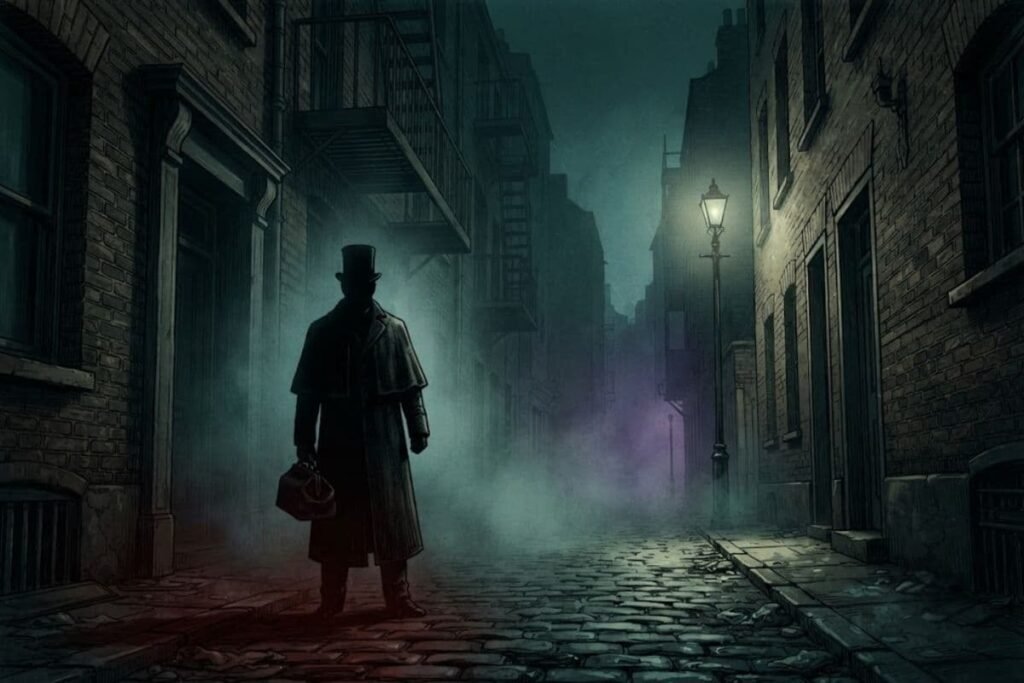 Ilustrasi sosok misterius berjubah panjang berjalan menjauh di gang gelap Whitechapel, teror Jack the Ripper
