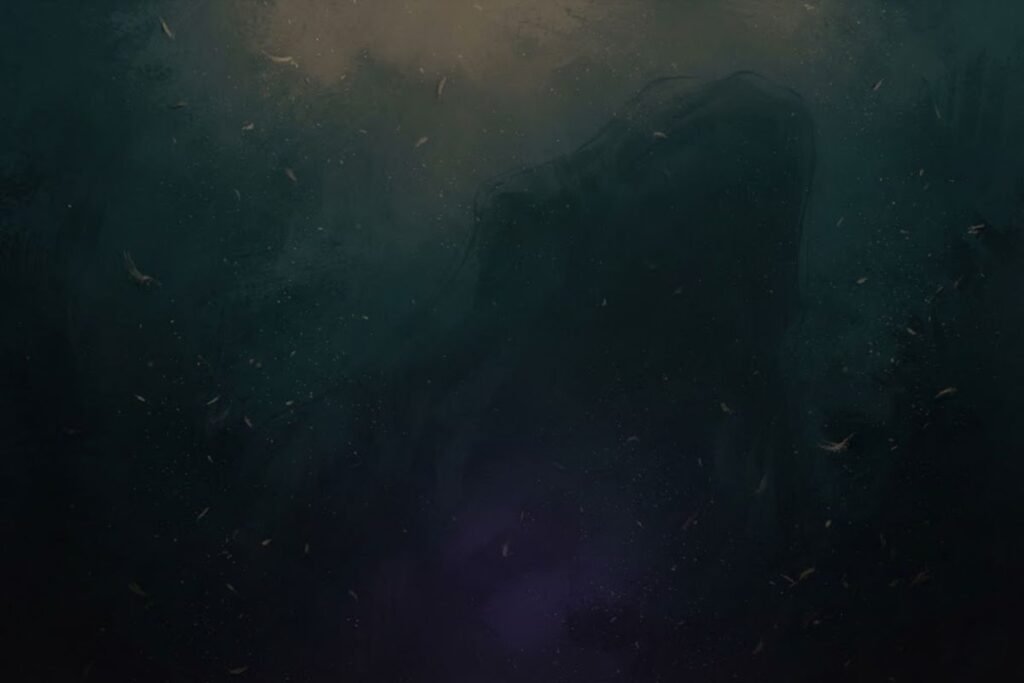Struktur raksasa misterius di dasar laut gelap yang menggambarkan mitos monster Cthulhu yang sering dikaitkan dengan The Bloop.
