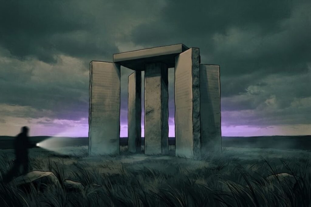 Seorang sosok manusia bersenter terlihat mendekati monumen Georgia Guidestones di malam hari yang gelap, memicu suasana kecurigaan dan teori konspirasi.