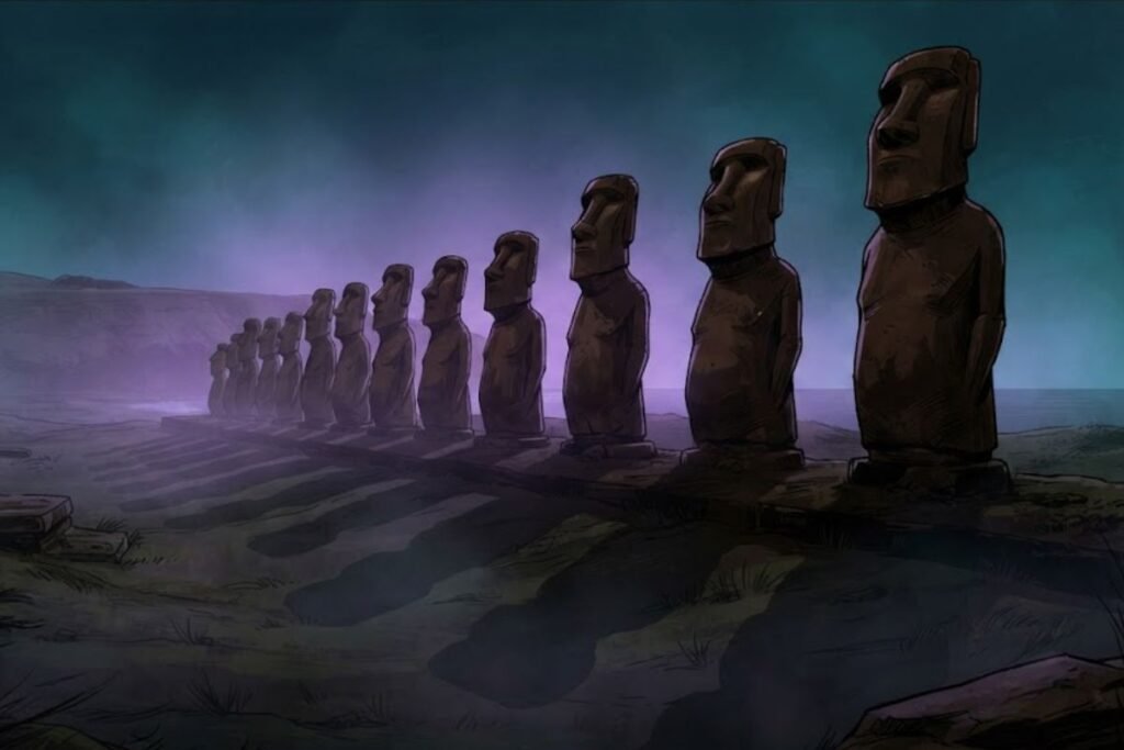 Ilustrasi patung Moai Pulau Paskah saat senja berkabut