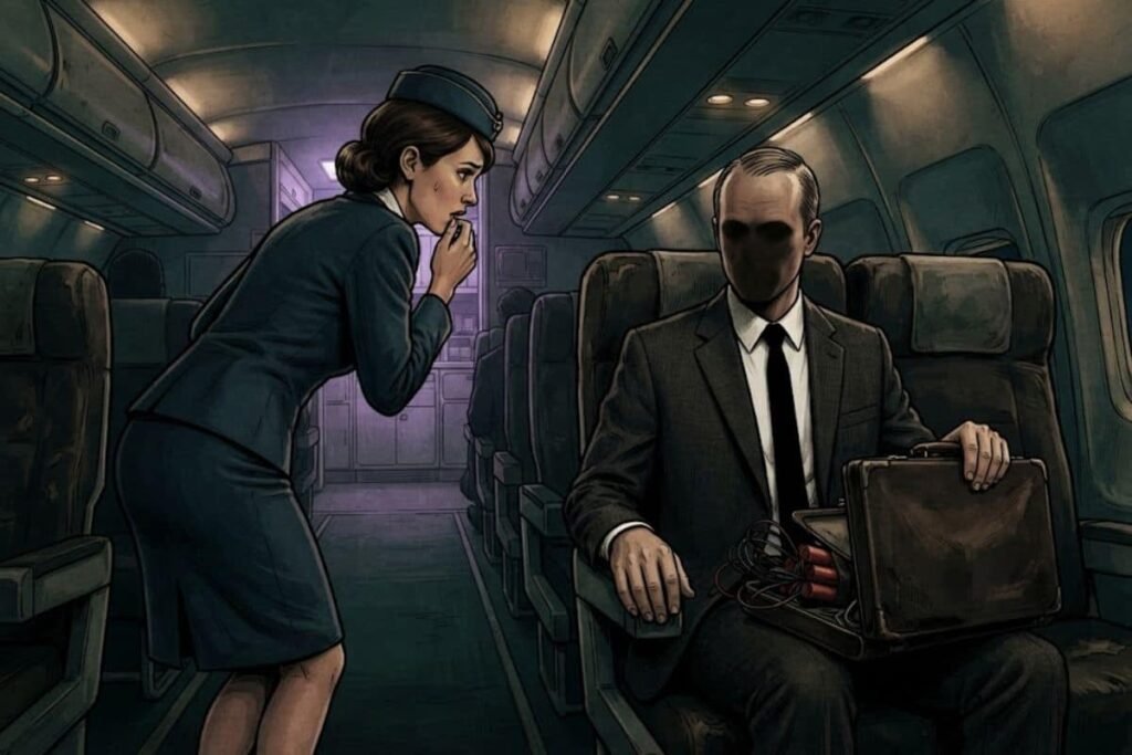 Ilustrasi D.B. Cooper berbicara dengan pramugari di dalam kabin pesawat saat pembajakan