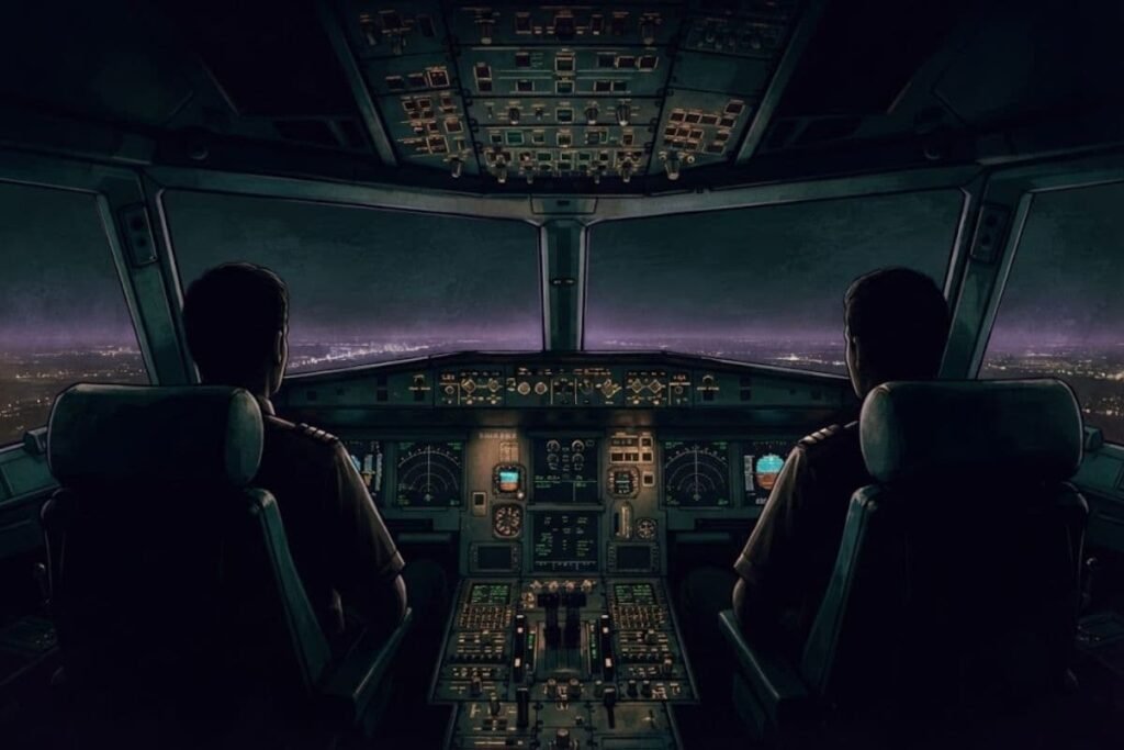 Siluet pilot di dalam kokpit pesawat menatap malam gelap, menggambarkan momen-momen terakhir penerbangan MH370.