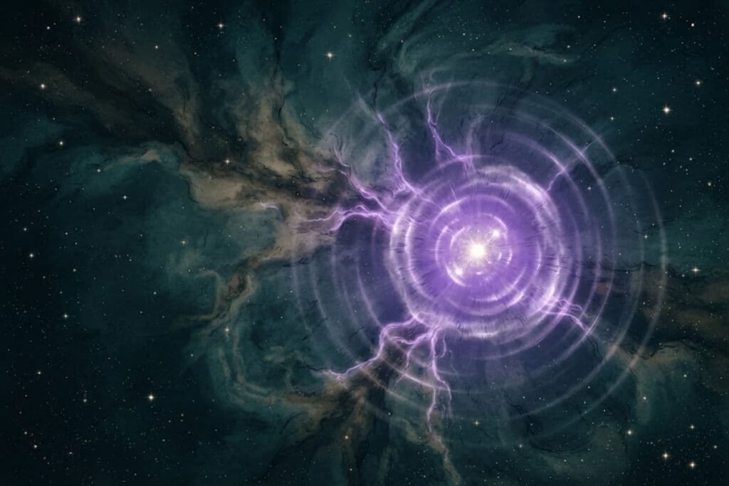 Ilustrasi teleskop ruang angkasa dari nebula cincin bercahaya ungu atau ledakan bintang di luar angkasa.