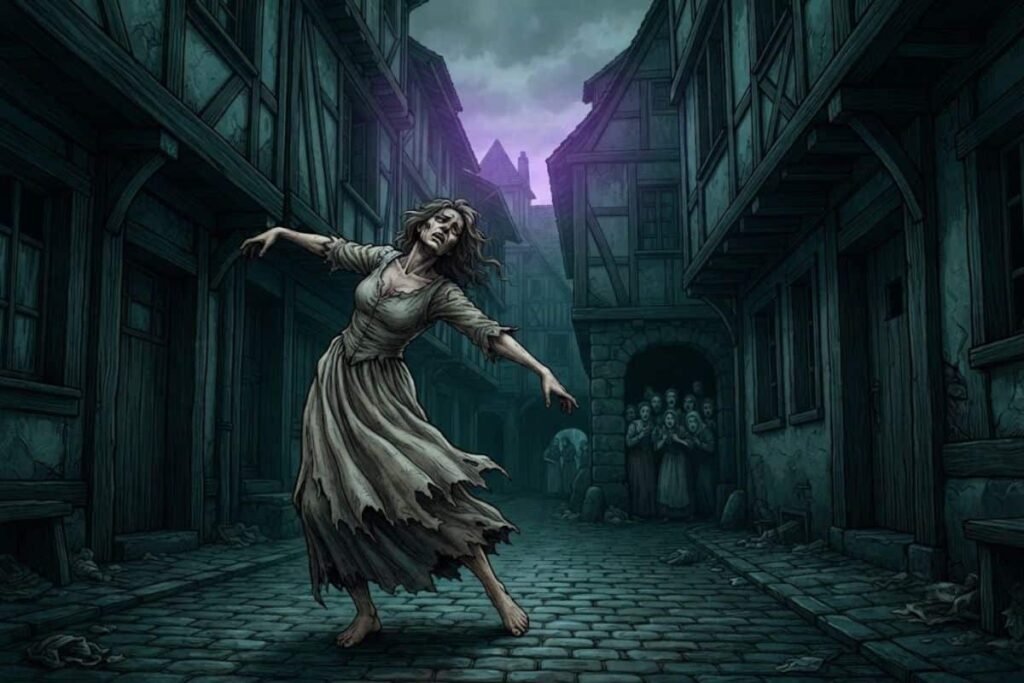 Ilustrasi wanita abad ke-16 yang menari tanpa henti di jalanan Strasbourg akibat wabah tarian 1518.