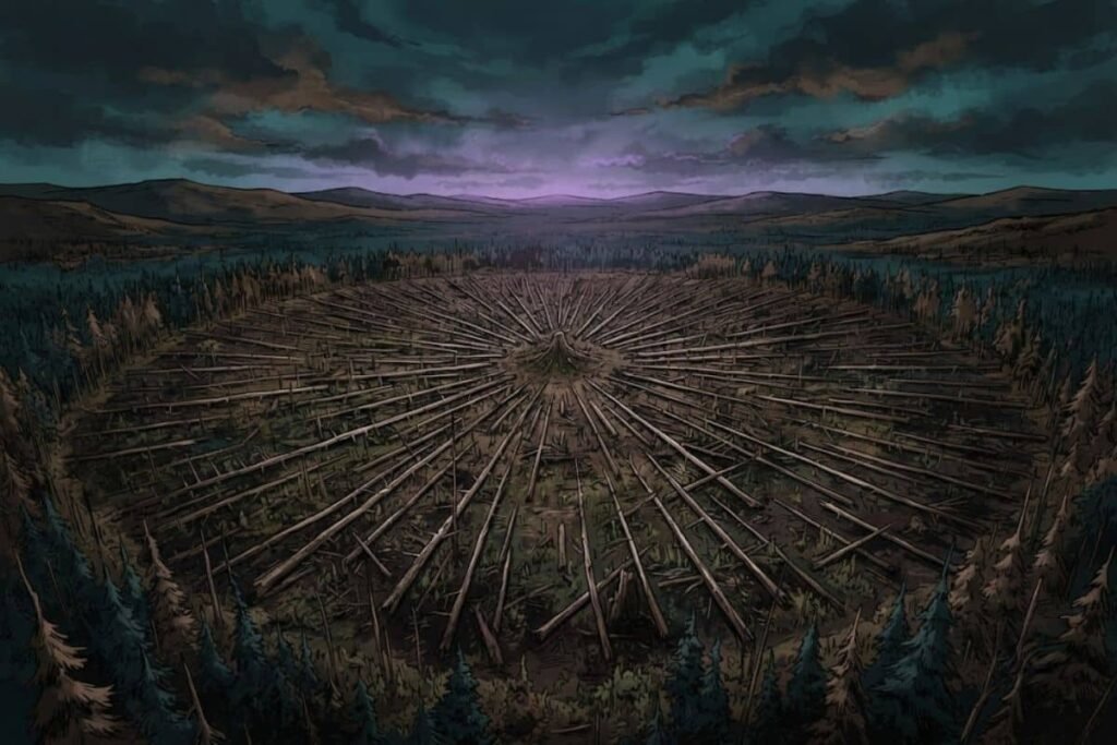 Ilustrasi hutan Tunguska dengan pohon tumbang akibat ledakan 1908