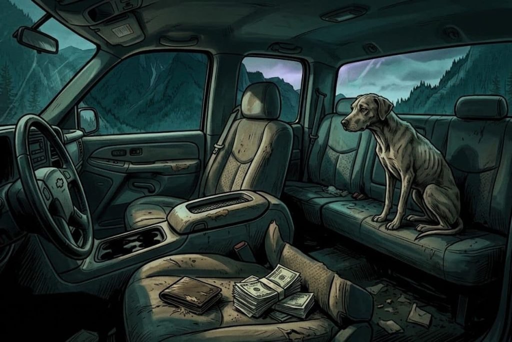 Ilustrasi anjing Maisie duduk di kursi belakang truk dengan tumpukan uang dolar dan dompet di kursi depan.