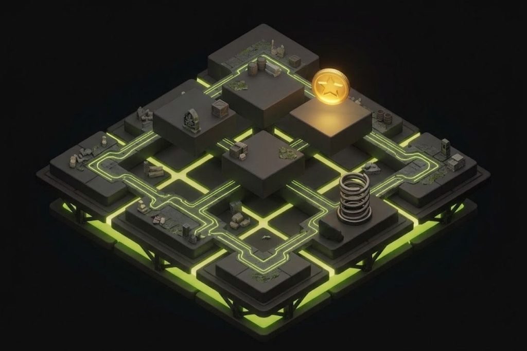 Ilustrasi area bertingkat dengan per pegas dan koin emas di puncak, melambangkan rintangan dan aksi melompat dalam genre game Platformer.