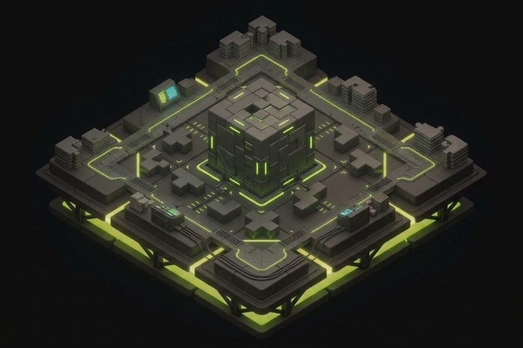 Ilustrasi kubus mekanik dan susunan balok pola di atas platform futuristik, melambangkan pemikiran logis dan teka-teki dalam genre game Puzzle.