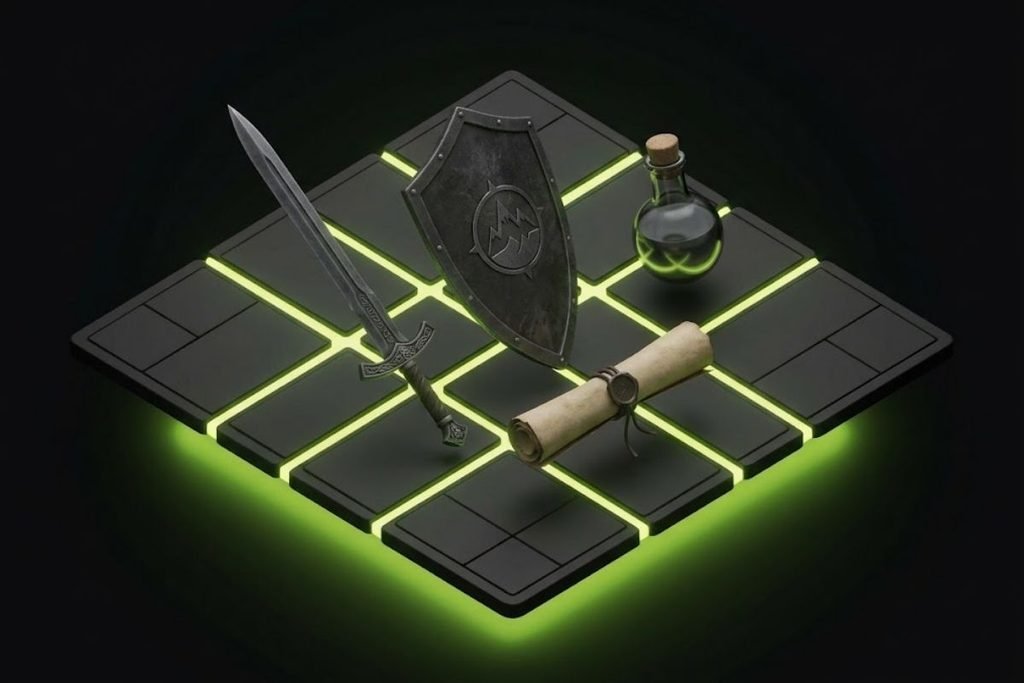 Ilustrasi perlengkapan karakter seperti pedang, perisai, ramuan, dan gulungan perkamen, melambangkan elemen progresi dalam genre game RPG.