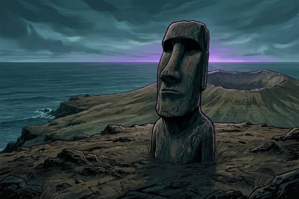Patung Moai Pulau Paskah berdiri kokoh menghadap pemandangan laut