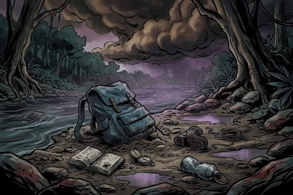Ilustrasi penemuan ransel biru milik Lisanne Froon di tepi Sungai Culebra dalam kasus hilangnya The Panama Girls.