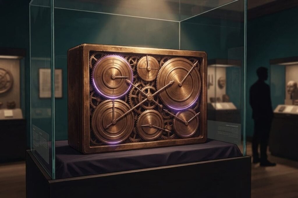 Rekonstruksi Mekanisme Antikythera berbentuk kotak perunggu purba yang dipamerkan di dalam etalase kaca museum.