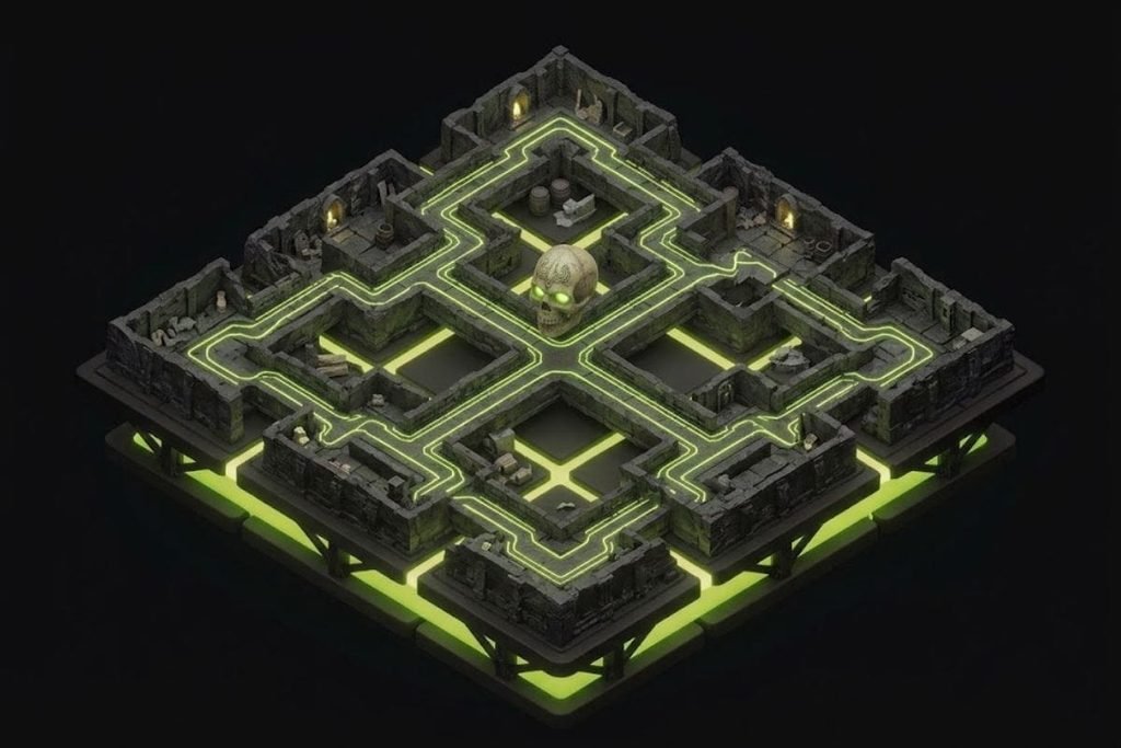 Ilustrasi labirin batu dengan tengkorak bercahaya di tengahnya, melambangkan fitur level acak dan permadeath dalam genre game Roguelike dan Roguelite.