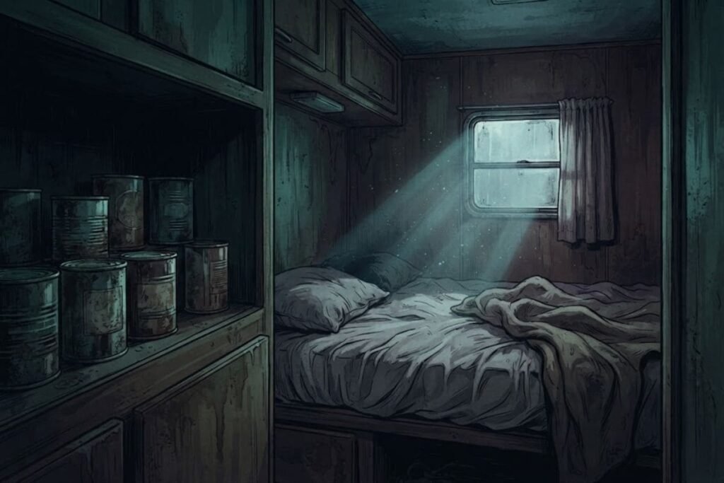 Kondisi dalam trailer tempat ditemukannya jasad Ted Weiher dalam misteri Yuba County Five.