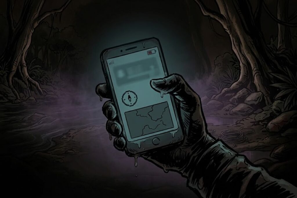 Ilustrasi tangan memegang smartphone bersinyal lemah di tengah hutan gelap kasus hilangnya Kris Kremers dan Lisanne Froon
